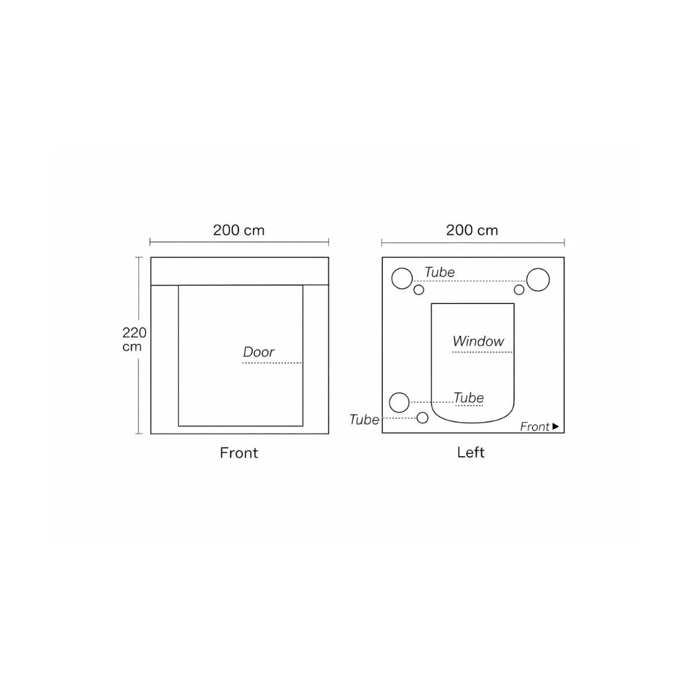 Homebox Ambient Q200+ grow tent front and side dimensions diagram, 200 x 200 x 220 cm indoor grow room layout with ventilation tube ports