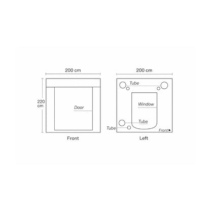 Homebox Ambient Q200+ grow tent front and side dimensions diagram, 200 x 200 x 220 cm indoor grow room layout with ventilation tube ports