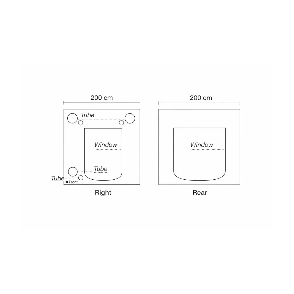 Homebox Ambient Q200+ grow tent side and rear panel diagrams with viewing windows, ducting tubes and airflow ports for professional indoor cultivation