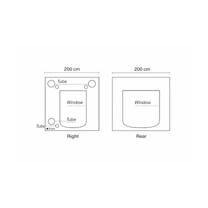 Homebox Ambient Q200+ grow tent side and rear panel diagrams with viewing windows, ducting tubes and airflow ports for professional indoor cultivation