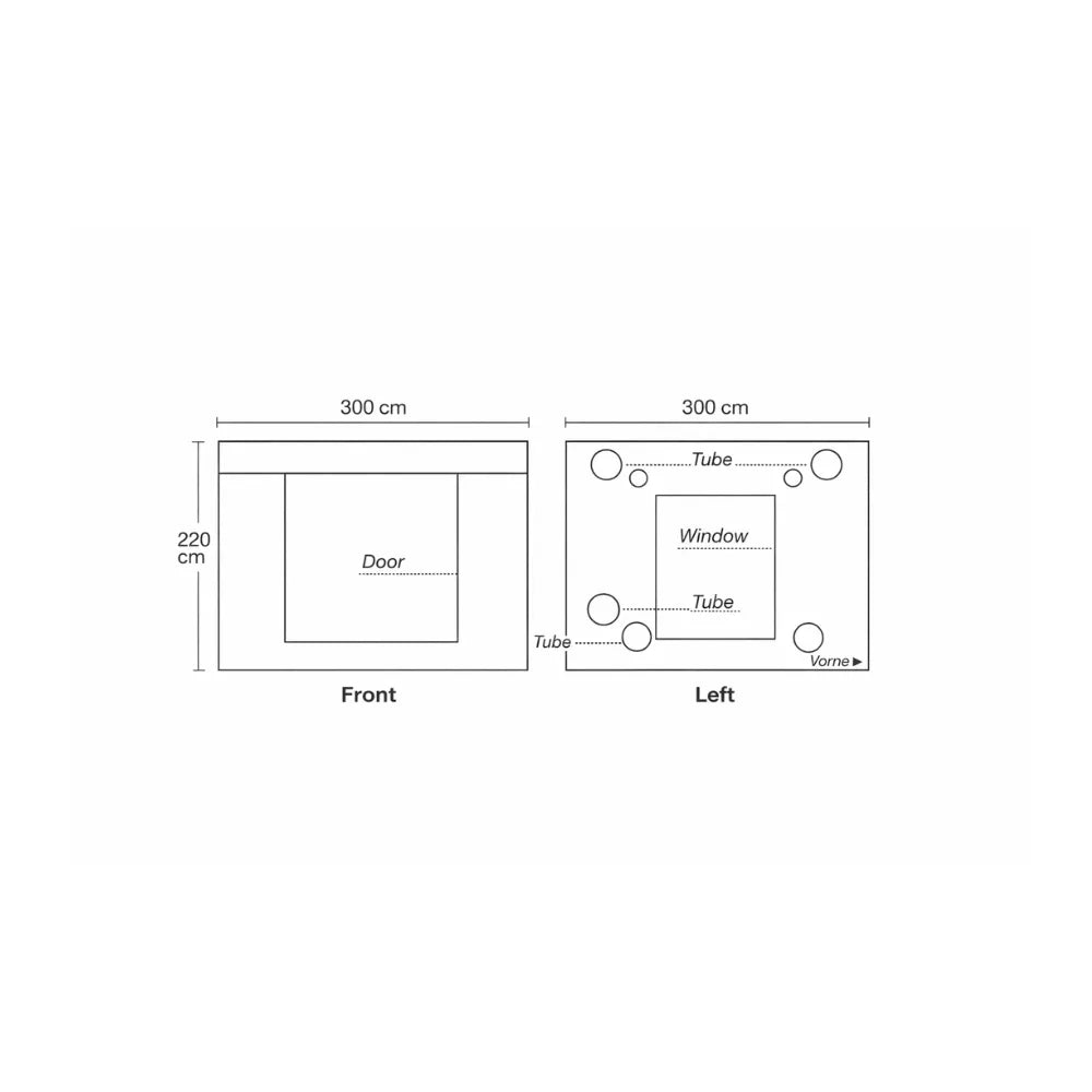 Homebox Ambient Q300+ commercial grow tent front dimensions diagram, 300 x 220 cm large indoor hydroponic grow room layout with central access door, left side panel diagram with viewing window and multiple ducting tube ports for professional indoor grow setup