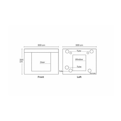 Homebox Ambient Q300+ commercial grow tent front dimensions diagram, 300 x 220 cm large indoor hydroponic grow room layout with central access door, left side panel diagram with viewing window and multiple ducting tube ports for professional indoor grow setup