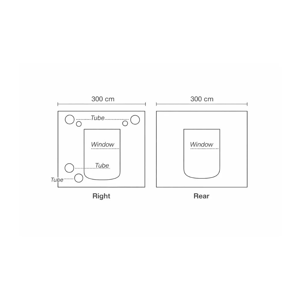 Homebox Ambient Q300+ grow tent right and rear panel diagrams showing observation windows, ventilation tubes and airflow ports for commercial indoor plant growing