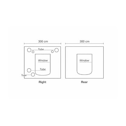 Homebox Ambient Q300+ grow tent right and rear panel diagrams showing observation windows, ventilation tubes and airflow ports for commercial indoor plant growing