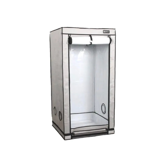 Homebox Ambient Q80+ indoor grow tent with reflective interior lining, zip access door and ventilation ports, compact hydroponic grow room
