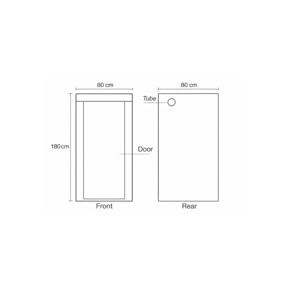 Homebox Ambient Q80+ grow tent front and back dimensions diagram, 80 x 80 x 180 cm indoor plant grow tent layout
