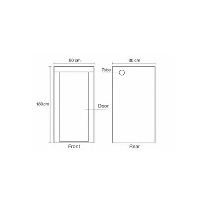 Homebox Ambient Q80+ grow tent front and back dimensions diagram, 80 x 80 x 180 cm indoor plant grow tent layout