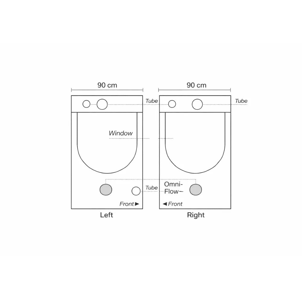 HOMEbox Ambient R120 grow tent layout diagram showing viewing window, ventilation tubes and OmniFlow air vents
