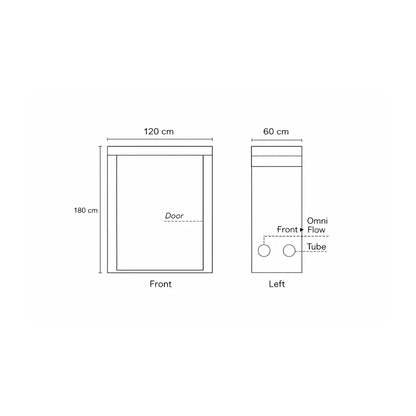 Homebox Ambient R120S grow tent front and side dimensions diagram, 120 x 60 x 180 cm compact indoor plant grow room layout
