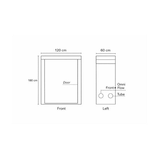 Homebox Ambient R120S grow tent front and side dimensions diagram, 120 x 60 x 180 cm compact indoor plant grow room layout
