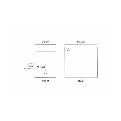 Homebox Ambient R120S grow tent side and rear panel diagrams with Omni-Flow air vents and ducting tube ports for controlled indoor cultivation