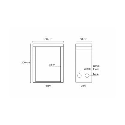 Homebox Ambient R150 grow tent front and side dimensions diagram, 150 x 80 x 200 cm indoor plant grow room layout