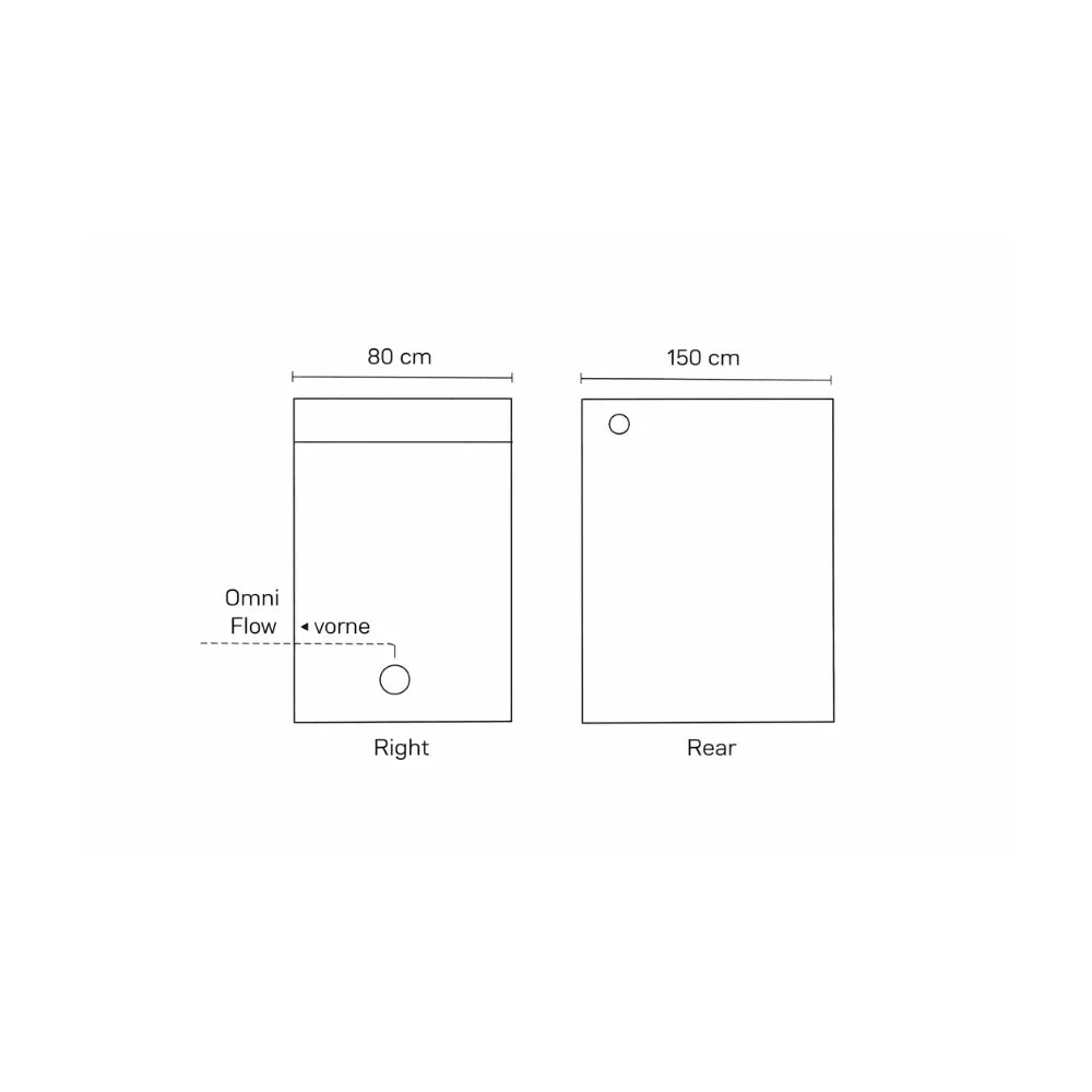 Homebox Ambient R150 grow tent side and rear panel diagrams with Omni-Flow air vents and ducting tube ports for controlled indoor cultivation