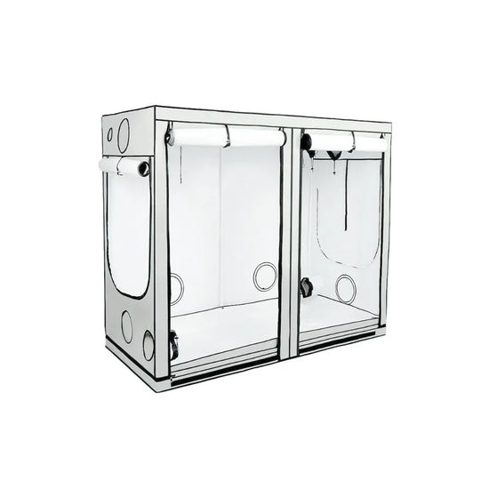 Homebox Ambient R240 indoor grow tent with dual grow chambers, reflective interior and multiple ventilation ports for hydroponic indoor gardening