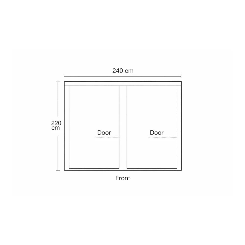 Homebox Ambient R240+ grow tent front dimensions diagram showing dual doors, 240 cm width and 220 cm height indoor grow room layout