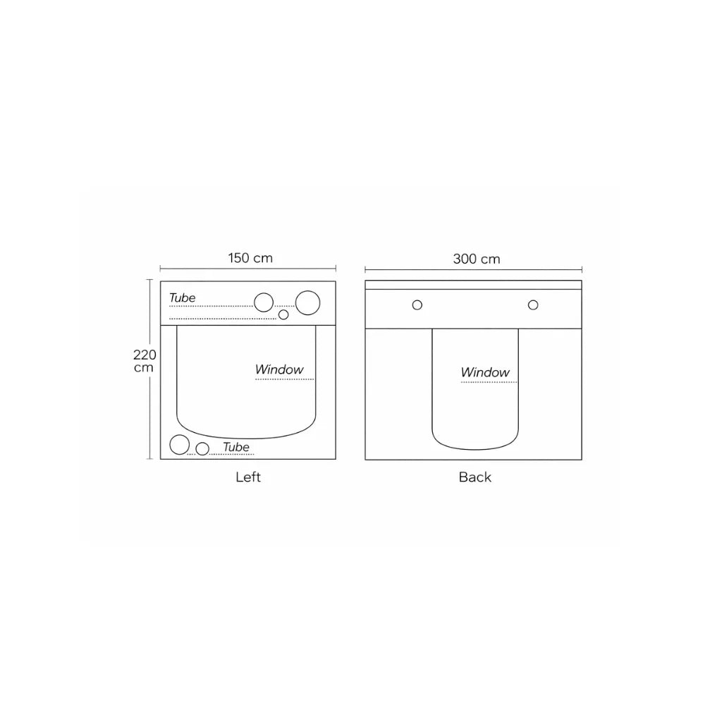 Homebox Ambient R300+ grow tent left and rear dimensions diagram showing 300 cm width and 220 cm height with viewing window and ducting ports