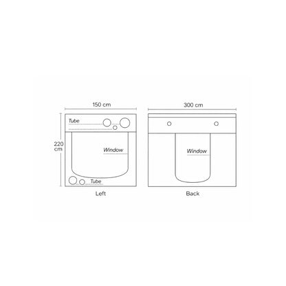 Homebox Ambient R300+ grow tent left and rear dimensions diagram showing 300 cm width and 220 cm height with viewing window and ducting ports