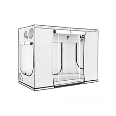 Front view of Homebox Ambient R300+ indoor grow tent with large zip access doors and reflective interior grow chamber for hydroponic gardening