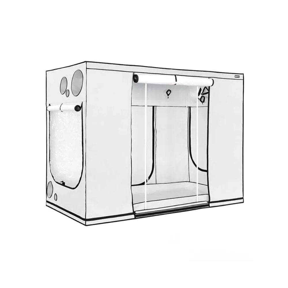 Front view of Homebox Ambient R300+ indoor grow tent with large zip access doors and reflective interior grow chamber for hydroponic gardening