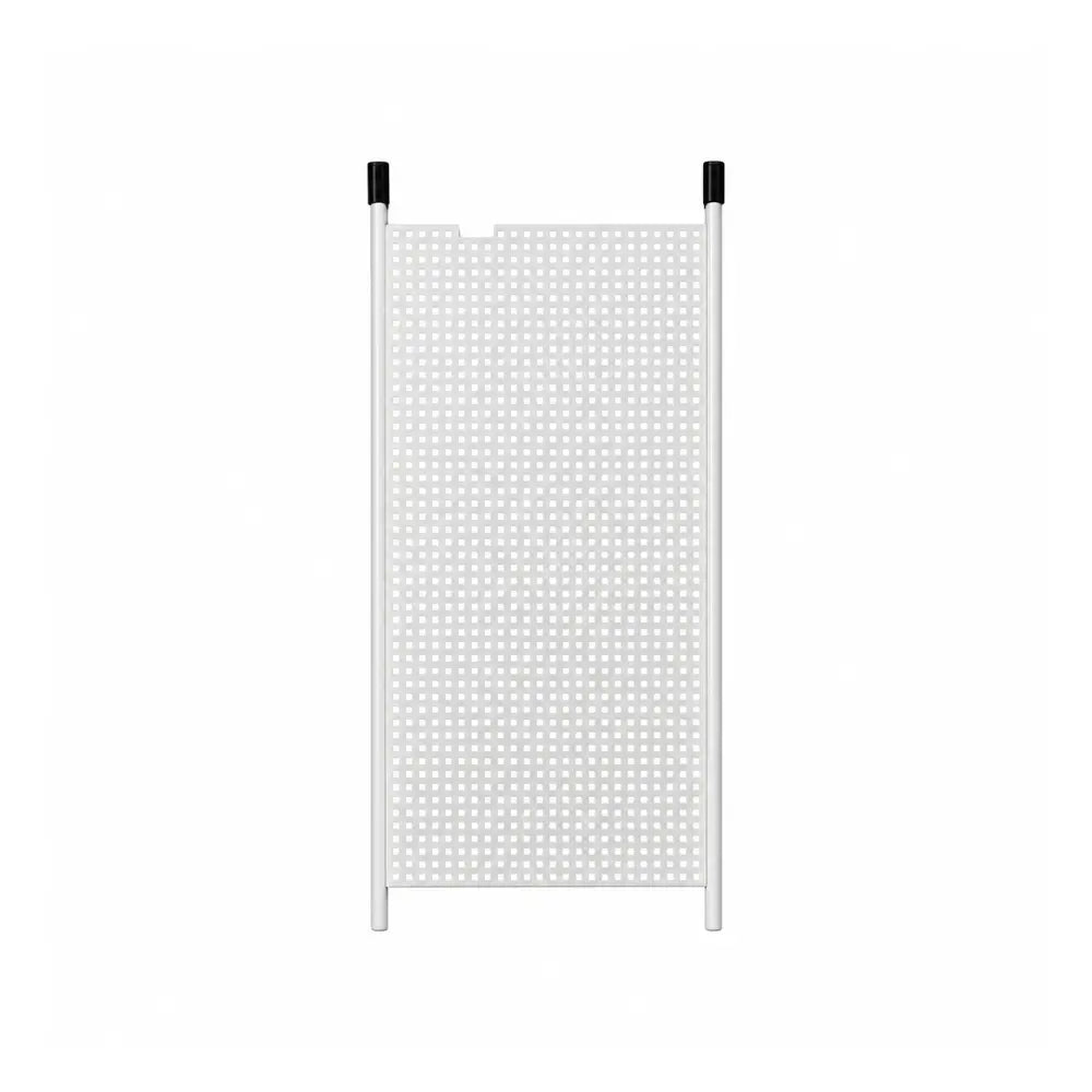 HOMEbox Equipment Board, a white 40 x 90cm perforated metal panel with square holes and black-capped side poles