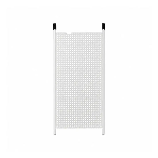 HOMEbox Equipment Board, a white 40 x 90cm perforated metal panel with square holes and black-capped side poles