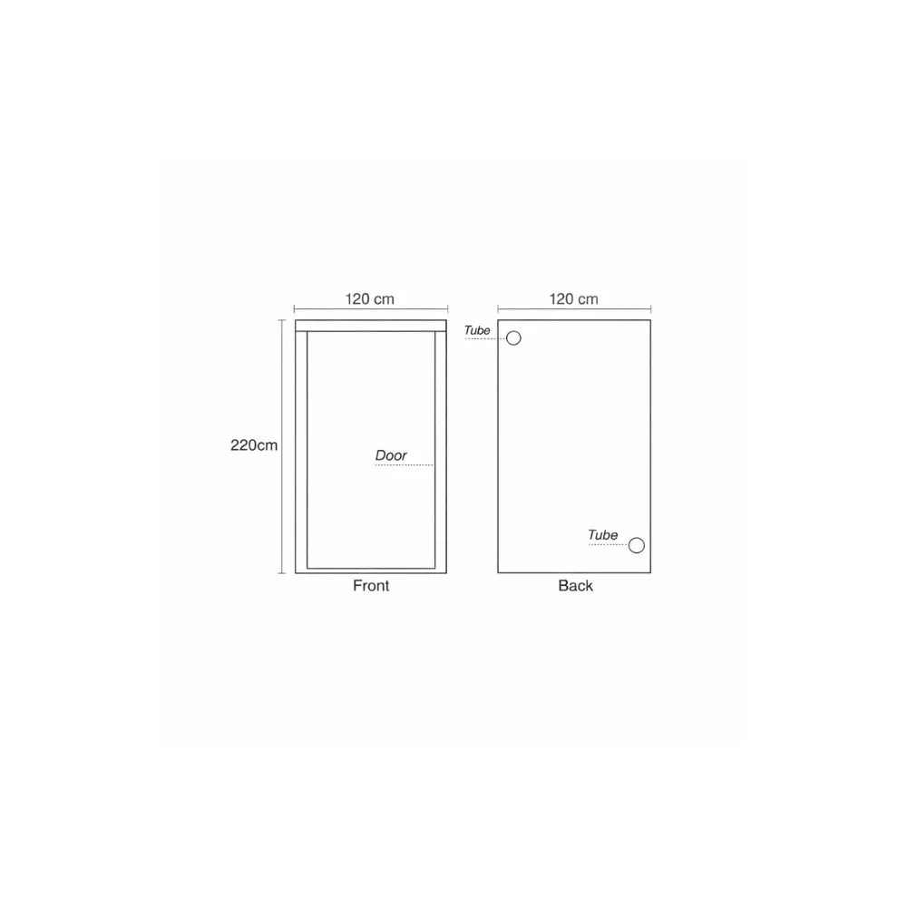 HOMEbox Ambient Q120+ grow tent dimensions diagram showing 120 x 120 x 220 cm indoor grow room layout