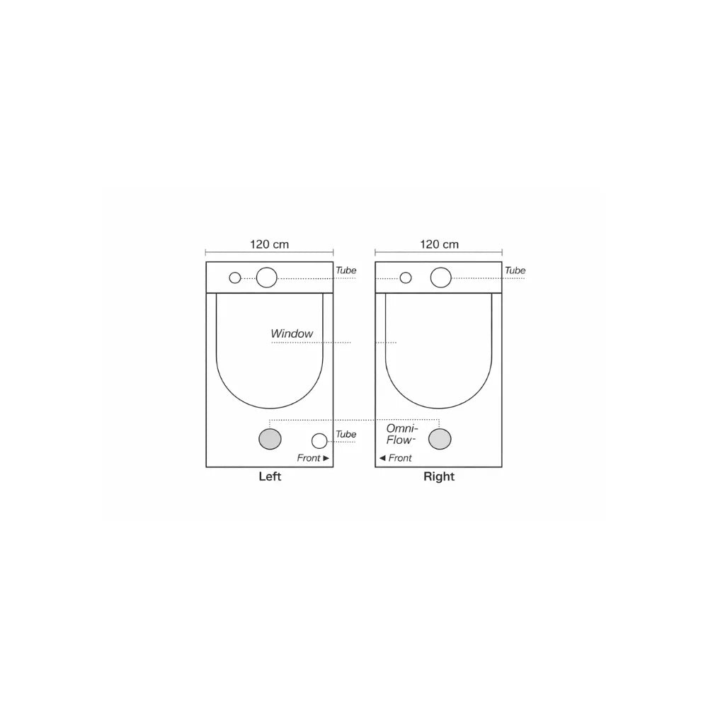 HOMEbox Ambient Q120+ grow tent layout diagram showing windows, ventilation tubes and OmniFlow air vents