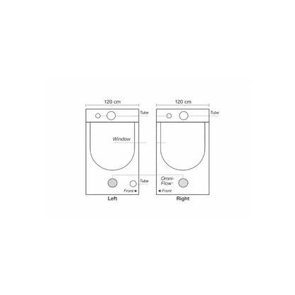 HOMEbox Ambient Q120+ grow tent layout diagram showing windows, ventilation tubes and OmniFlow air vents
