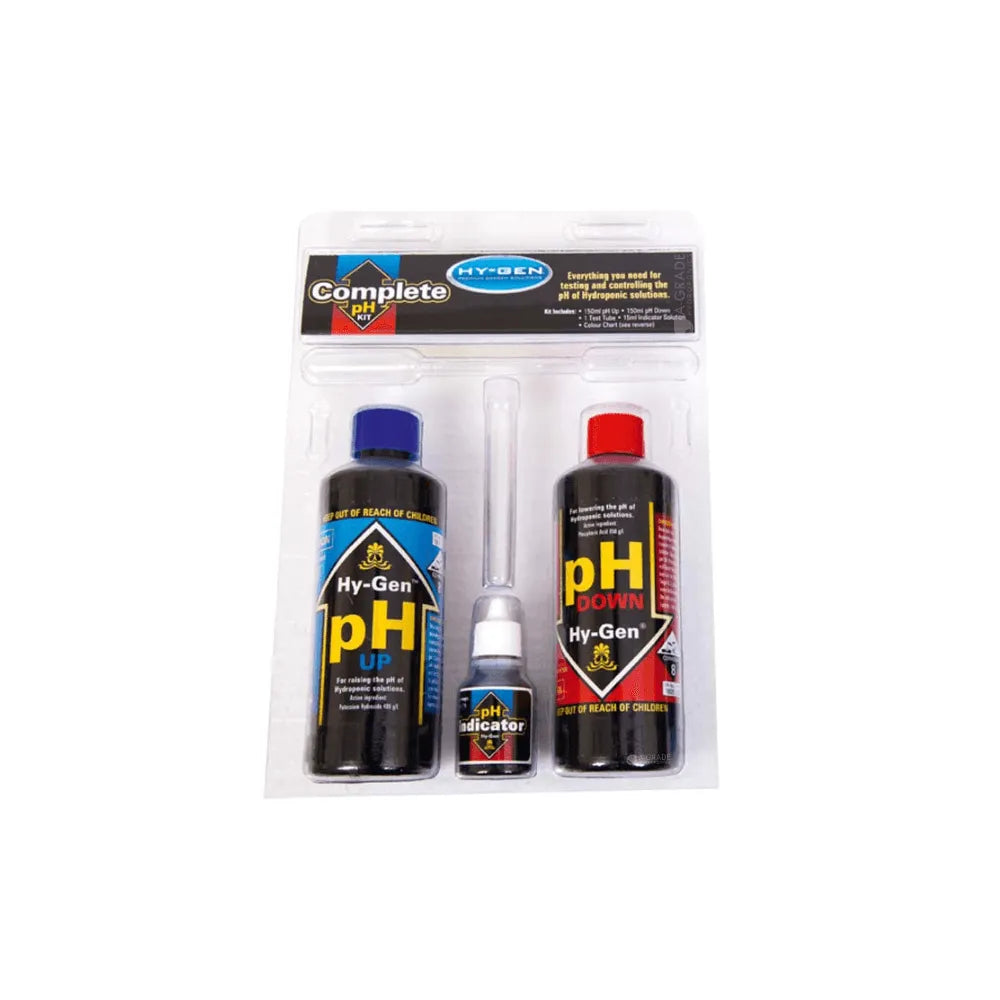 HY-GEN pH Complete Control Kit with pH Up, pH Down and pH indicator solution for hydroponic nutrient testing and water treatment