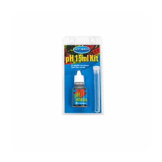 HY-GEN pH test kit with 15ml indicator solution, test tube and colour chart for accurate hydroponic water testing