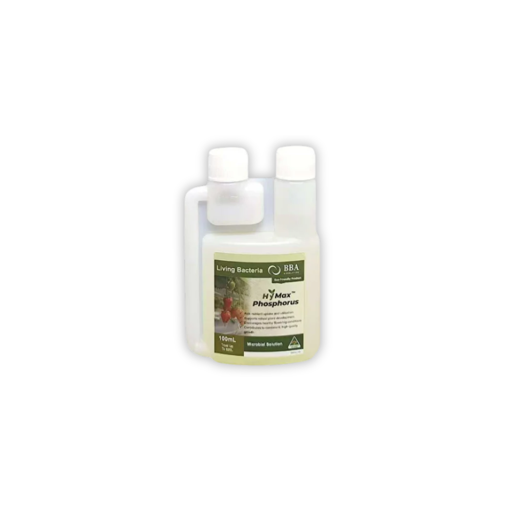 HyMax Phosphorus 100mL beneficial bacteria fertiliser by BBA, eco-friendly liquid plant nutrient for stronger root growth, flowering and high-quality crop production.