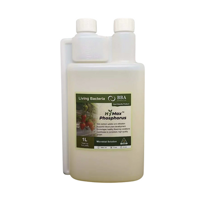 HyMax Phosphorus 1L beneficial bacteria fertiliser by BBA, eco-friendly liquid plant nutrient for stronger root growth, flowering and high-quality crop production.