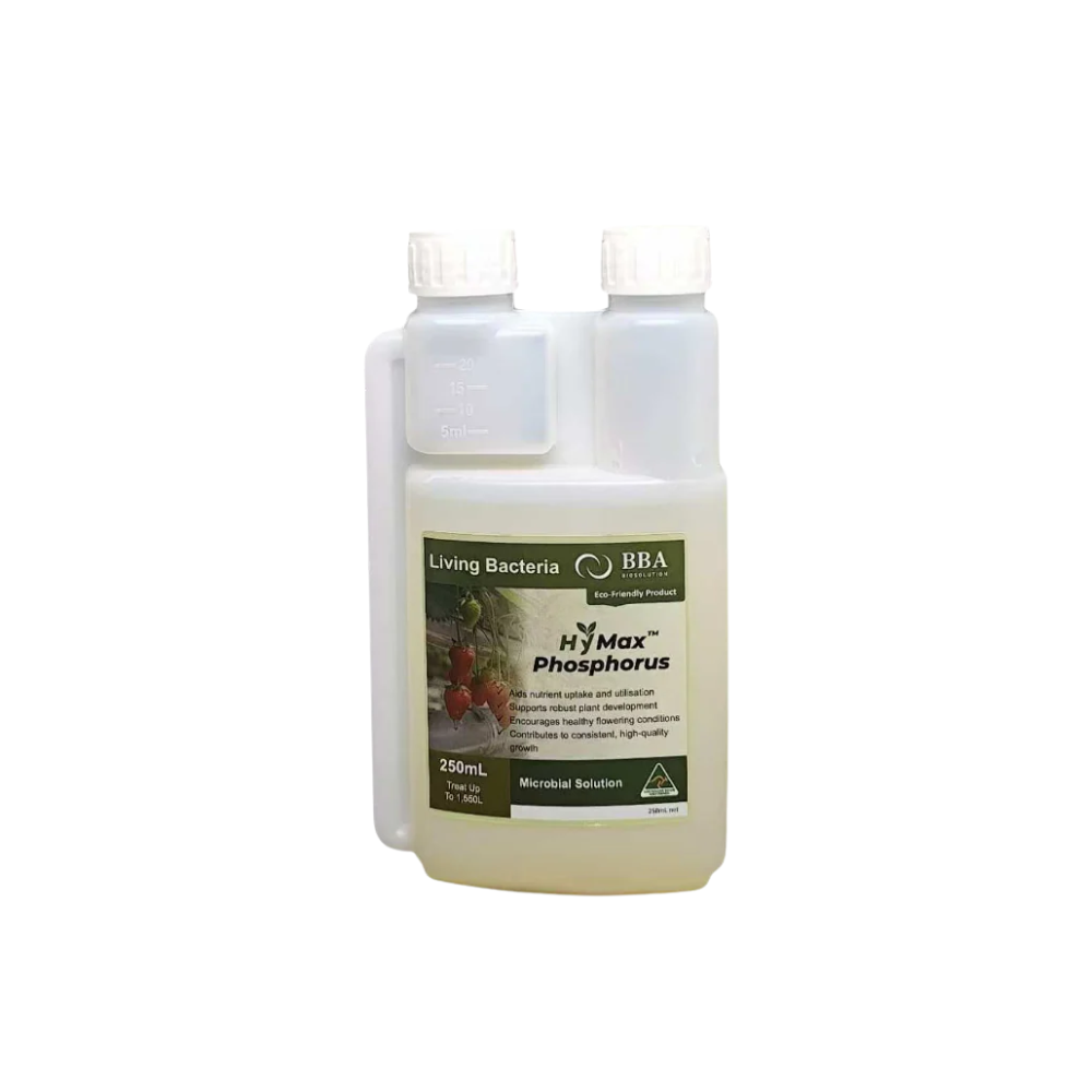 HyMax Phosphorus 250mL beneficial bacteria fertiliser by BBA, eco-friendly liquid plant nutrient for stronger root growth, flowering and high-quality crop production.