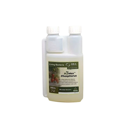HyMax Phosphorus 250mL beneficial bacteria fertiliser by BBA, eco-friendly liquid plant nutrient for stronger root growth, flowering and high-quality crop production.