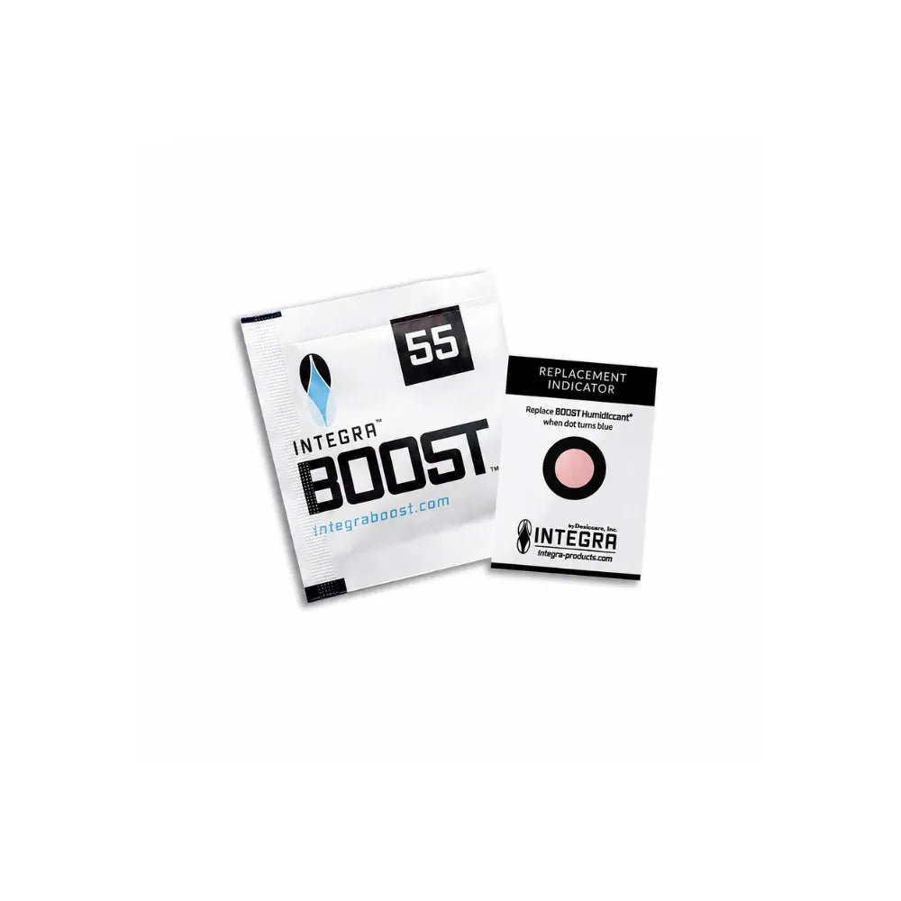 INTEGRA BOOST 55% humidity control pack with replacement indicator card for preserving herbs and stored products in sealed containers.