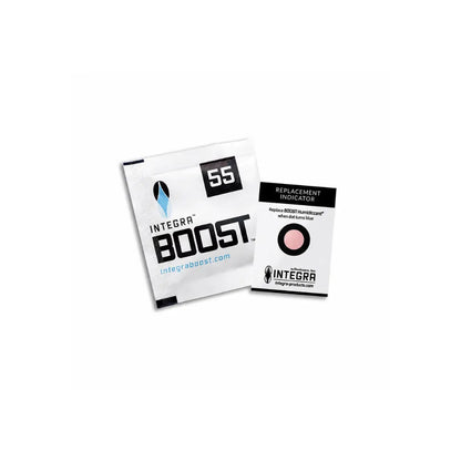 INTEGRA BOOST 55% humidity control pack with replacement indicator card for preserving herbs and stored products in sealed containers.