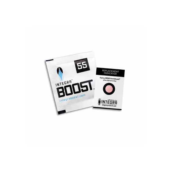 INTEGRA BOOST 55% humidity control pack with replacement indicator card for preserving herbs and stored products in sealed containers.