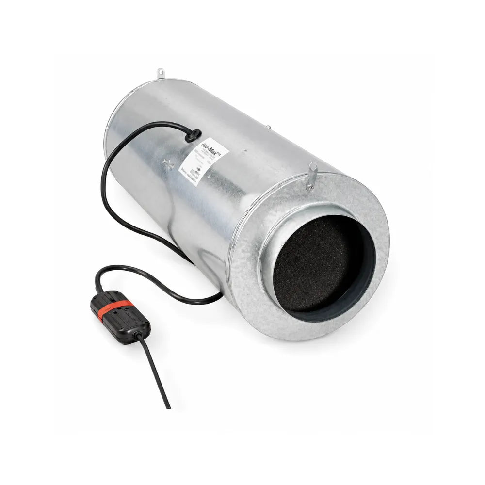 CAN-FAN ISO-MAX 200/870 silenced inline fan with metal housing and acoustic foam for quiet grow room ventilation.
