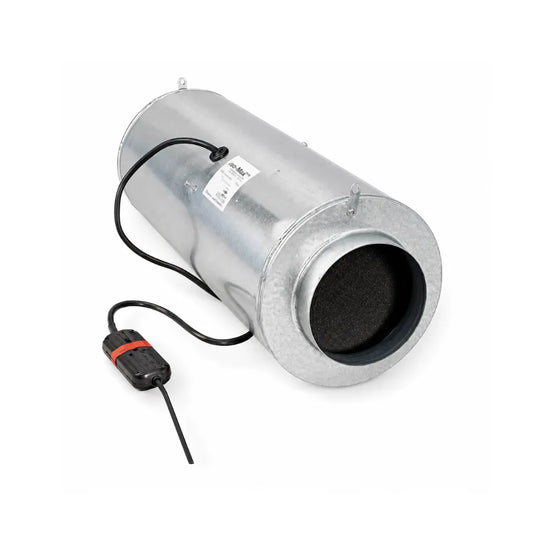 CAN-FAN ISO-MAX 200/870 silenced inline fan with metal housing and acoustic foam for quiet grow room ventilation.