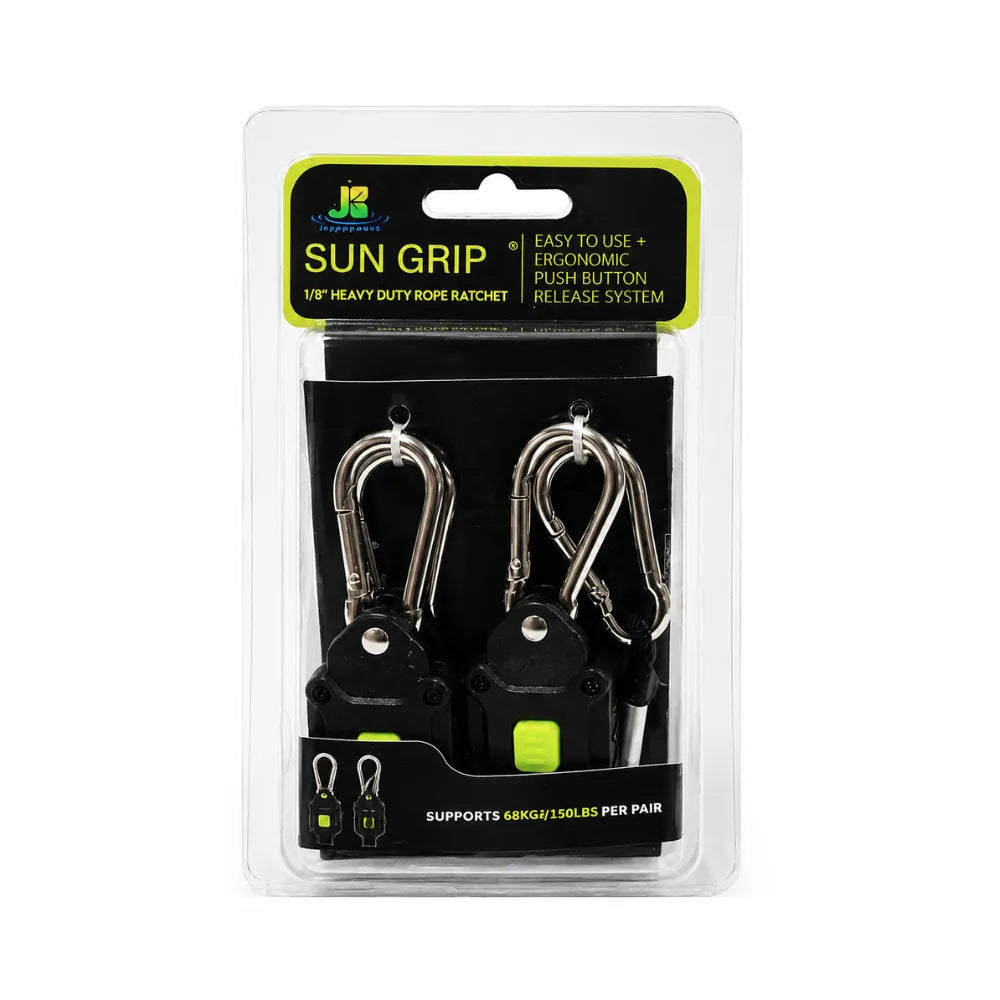 SUN GRIP 1/8 inch ratchet hangers in retail packaging for hydroponic grow lights and ventilation equipment
