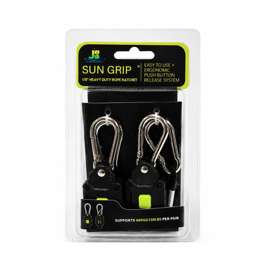 SUN GRIP 1/8 inch ratchet hangers in retail packaging for hydroponic grow lights and ventilation equipment