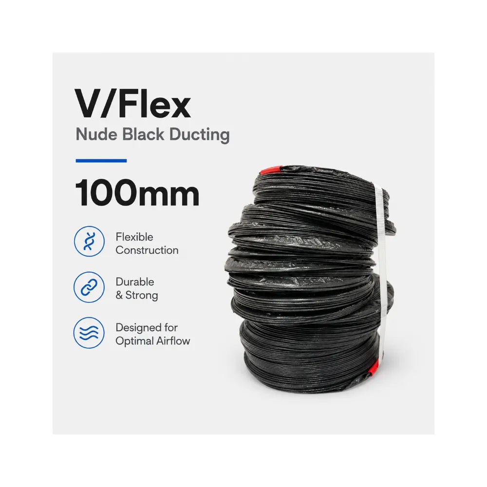 Coiled 100mm black flexible ducting for hydroponic ventilation, airflow control and grow tent exhaust systems