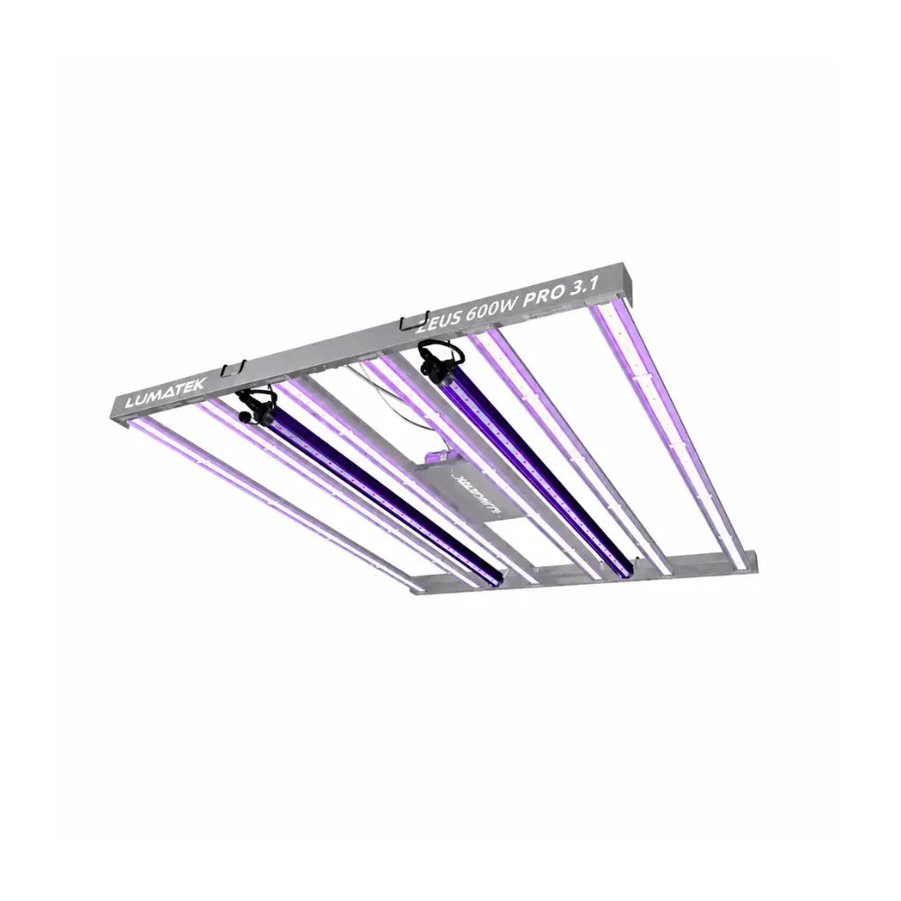 LUMATEK 30W UV Supplemental LED bars attached to a LUMATEK Zeus 600W Pro 3.1 grow light fixture