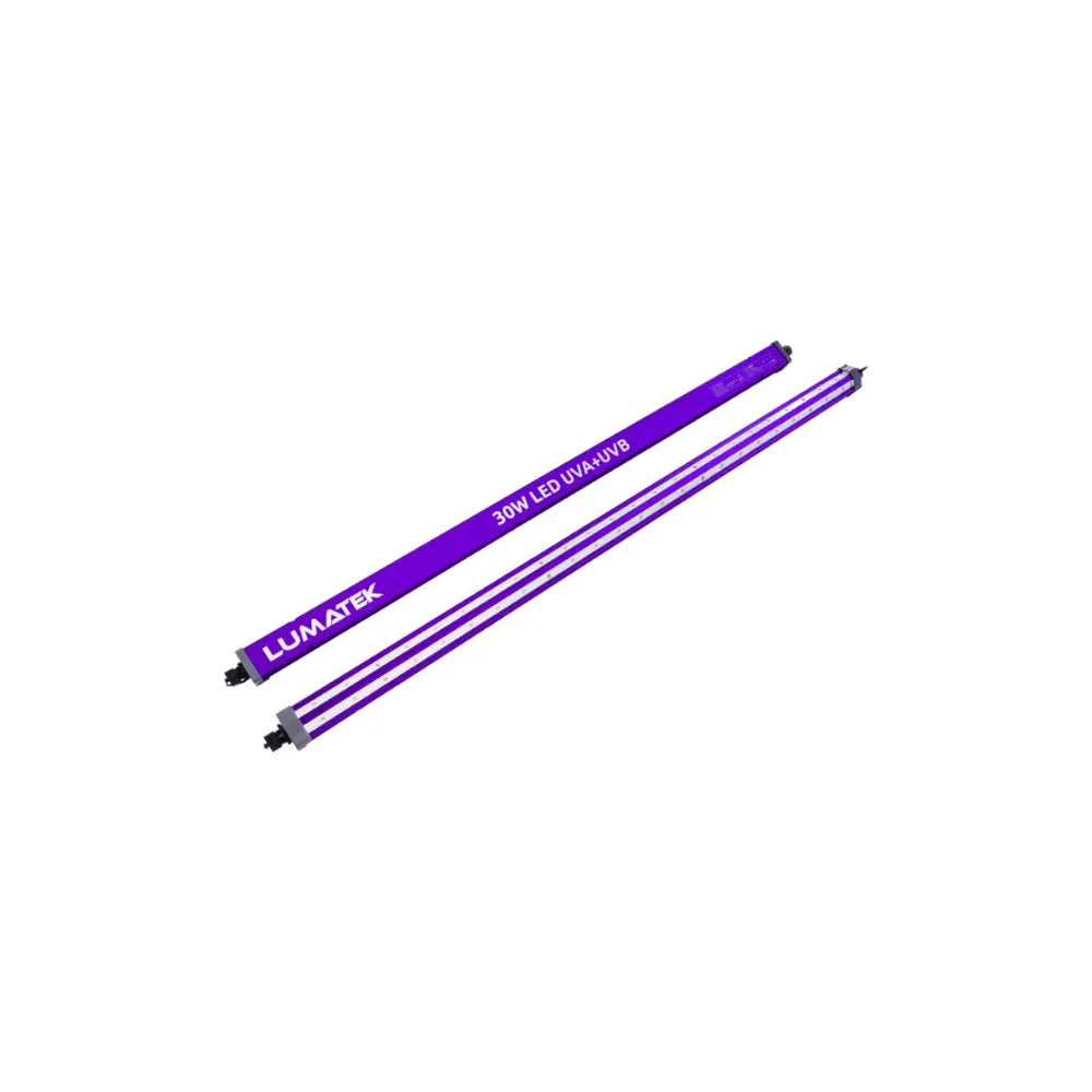 Two LUMATEK 30W UVA+UVB LED grow light bars illuminated with purple UV spectrum output
