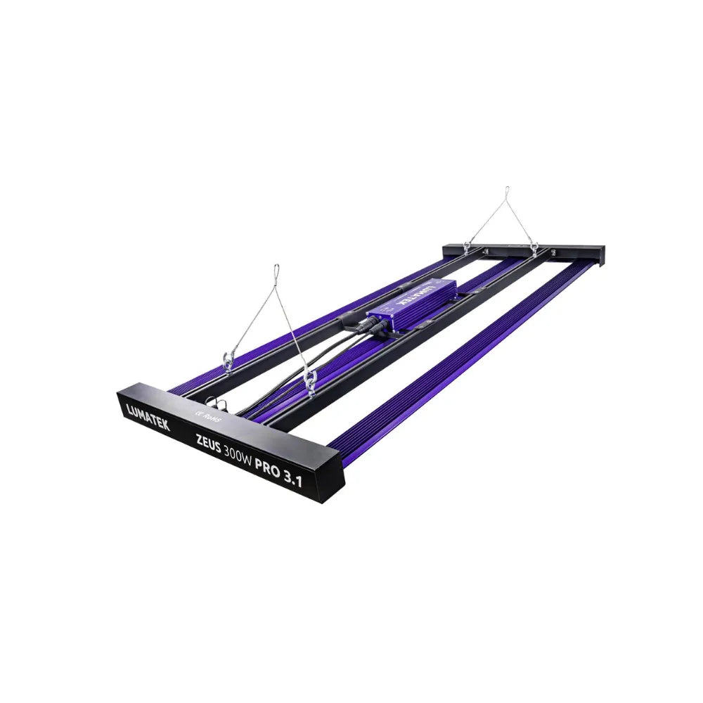 Lumatek Zeus 300W Pro 3.1 LED grow light with hanging kit installed, ideal for indoor gardening, hydroponics and grow rooms