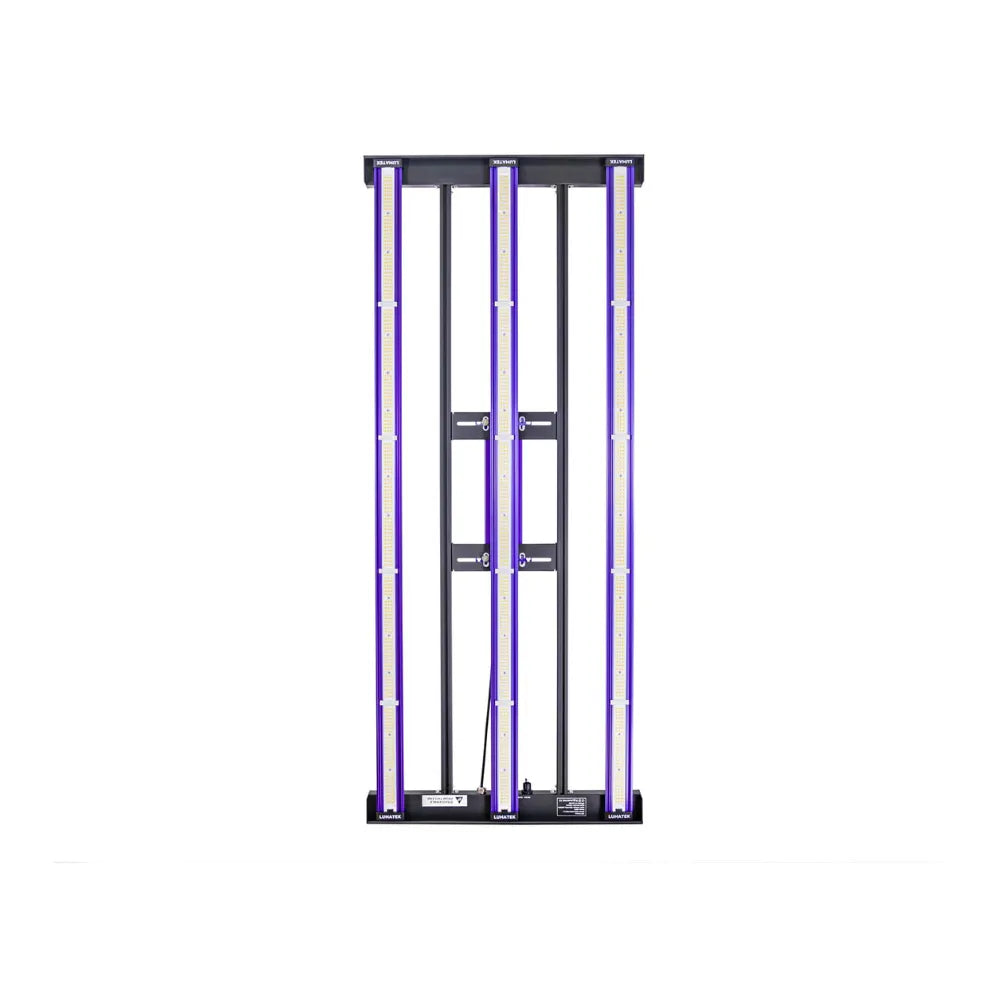 Under view of Lumatek Zeus 300W Pro 3.1 LED grow light frame with evenly spaced LED bars for uniform canopy light coverage