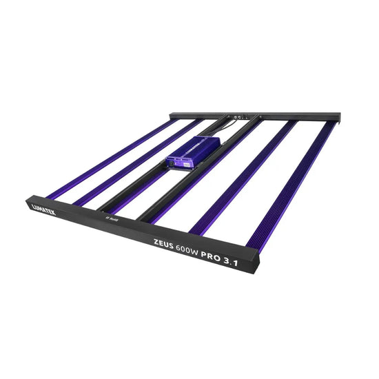 Lumatek Zeus 600W Pro 3.1 LED grow light angled view – professional 600W LED horticulture lighting system with bar array for even canopy coverage in indoor gardens.