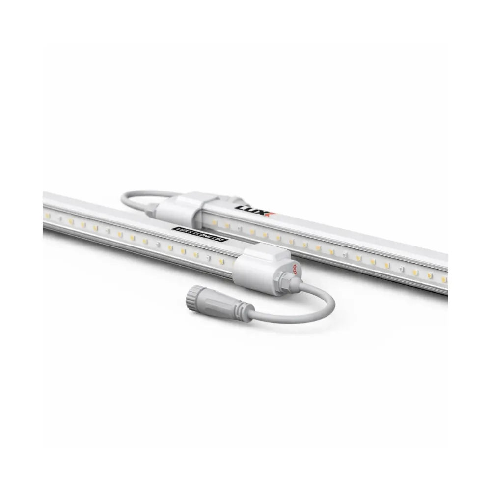 Pair of LUXX Clone LED Bar 18W LED grow lights with linkable cables and connectors for hydroponic cloning and seedling grow setups