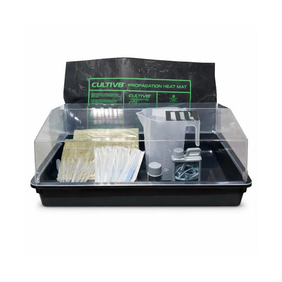 Complete plant propagation and cloning kit with humidity dome tray, heat mat, measuring jug, pipettes, cloning solution and starter cubes for seed germination and plant cuttings.