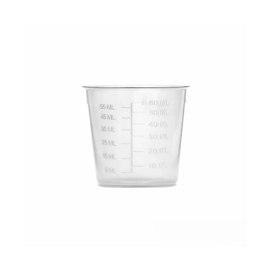 60mL plastic measuring cup for hydroponic nutrients, pH adjusters and liquid fertiliser with clear mL markings.